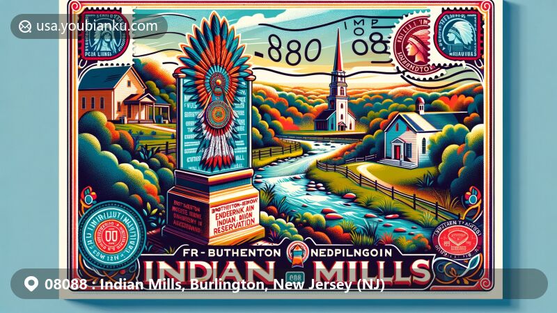 Illustration of Indian Mills, Burlington, New Jersey, showcasing historical marker for Brotherton-Edgepillock Indian Reservation, Indian Mills Methodist Church, and Burlington County's natural landscapes, with traditional postal elements and ZIP code 08088.