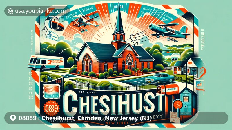 Modern illustration of Chesilhurst, Camden County, New Jersey, featuring Grant A.M.E. Church, diverse population, lush landscapes, and vintage postal elements with ZIP code 08089.