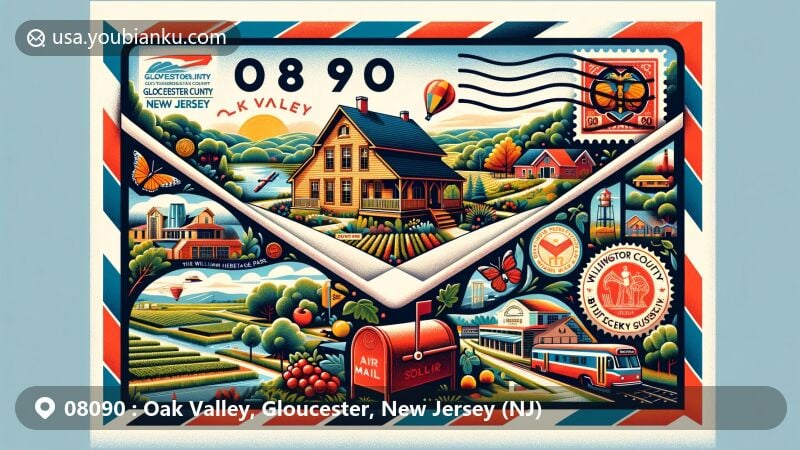 Modern illustration of Oak Valley, Gloucester County, New Jersey, resembling an airmail envelope with postal elements, showcasing key landmarks like Wagonhouse Winery, C. A. Nothnagle Log House, Scotland Run Park, Heritage Glass Museum, and more.
