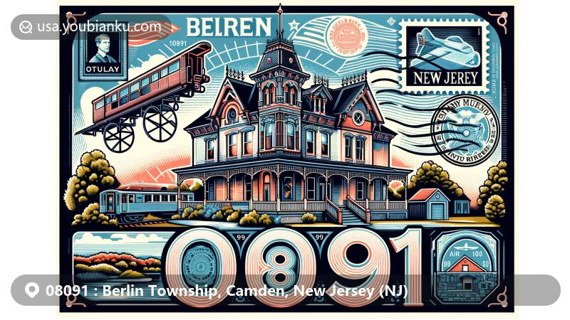 Modern illustration of Berlin Township, Camden County, New Jersey, featuring iconic Berlin Historic District in Victorian architecture, New Jersey Pinelands National Reserve, and postal elements with ZIP code 08091.