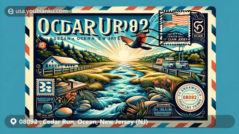 Modern illustration of Cedar Run, Ocean County, New Jersey, featuring vintage airmail envelope design with local landmarks like Cedar Run stream, Manahawkin Wildlife Management Area, and Stafford Township coast, incorporating New Jersey state flag and 08092 postal code.