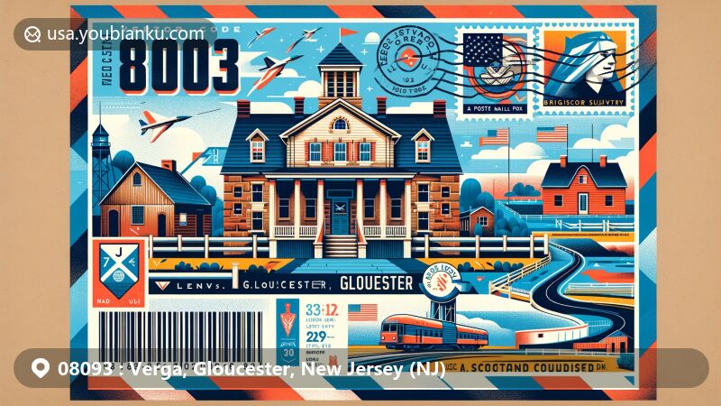 Modern illustration of Verga, Gloucester, New Jersey, featuring Ladd's Castle, C.A. Nothnagle Log House, Scotland Run Park, and Bridgeport Speedway, with subtle Gloucester County map background and air mail design.