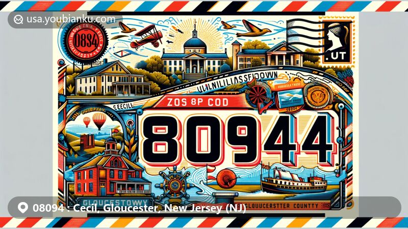 Modern illustration of ZIP Code 08094, showcasing postal theme with airmail envelope style, featuring prominent landmarks like Red Bank Battlefield and Mullica Hill Historic District in Gloucester County, New Jersey.