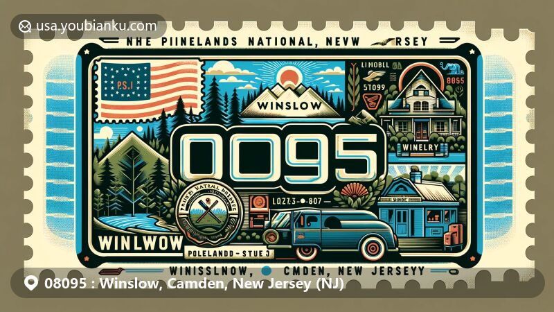 Stylized postal card for Winslow, Camden, New Jersey with Pinelands National Reserve, Sharrott Winery, and state flag postal stamp, featuring ZIP code 08095 and vintage postal elements in vibrant color palette.
