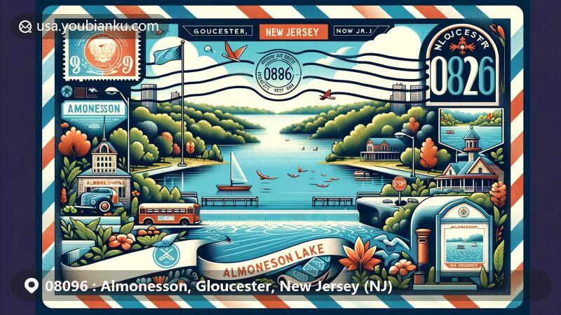 Modern illustration of Almonesson, Gloucester, New Jersey, showcasing postal theme with ZIP code 08096, featuring Almonesson Lake and local landmarks in a wide, artistic frame reminiscent of an oversized airmail envelope.
