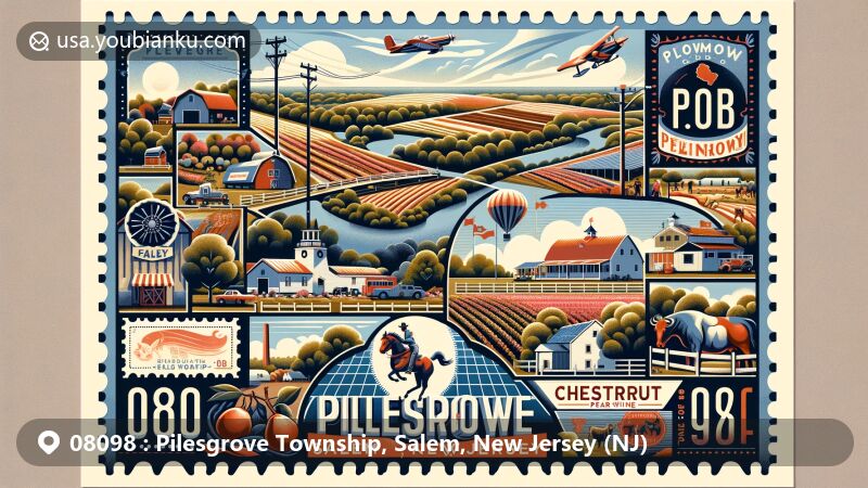 现代插画风格的Pilesgrove Township, Salem, New Jersey（NJ）邮编08098插图，突出农业景观、Cowtown Rodeo、Auburn Road Vineyards和Chestnut Run Farm，融合地方特色和邮政元素。