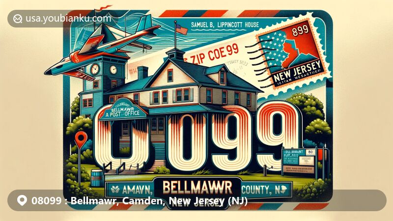 Modern illustration of Bellmawr, Camden County, New Jersey, highlighting postal theme with ZIP code 08099, featuring vintage airmail envelope and New Jersey state symbols.