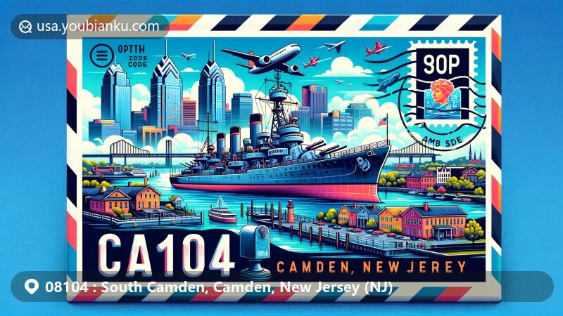 Modern illustration of South Camden and Camden, New Jersey, showcasing Battleship New Jersey, Camden Shipyard & Maritime Museum, postal themes, and South Camden Historic District.