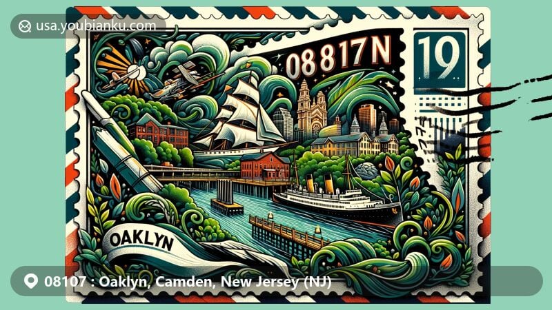 Modern illustration of Oaklyn, Camden County, New Jersey, featuring postal theme with ZIP code 08107, showcasing Battleship New Jersey and Walt Whitman House amidst natural forested landscape.