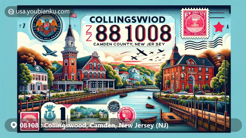 Collingswood, Camden County, New Jersey depiction in modern postal card design with Venetian-style Collingswood Theater, Federal-style Collings-Knight Homestead, and Cooper River, featuring ZIP code 08108 and New Jersey state symbols.