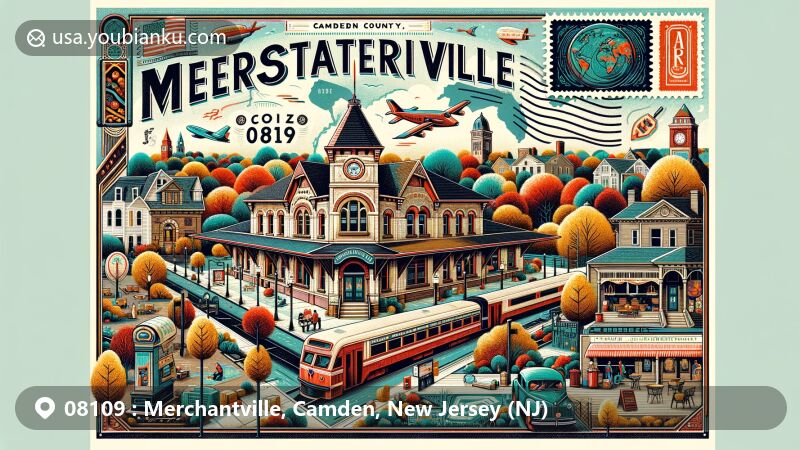 Modern illustration of Merchantville, Camden County, New Jersey, showcasing historic train station turned café and art hub, Victorian homes, parks, autumn scene, and postal elements with ZIP code 08109.