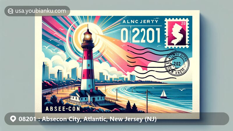 Modern illustration of Absecon City, Atlantic County, New Jersey, featuring iconic Absecon Lighthouse with postal theme showcasing ZIP code 08201.
