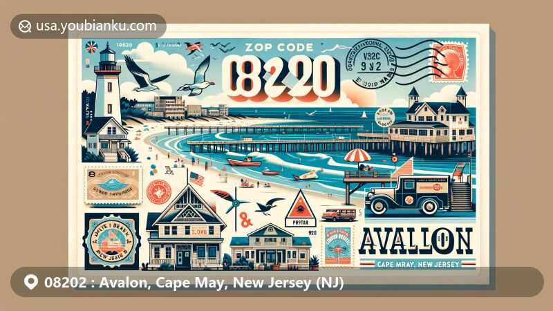 Modern illustration of Avalon, Cape May County, New Jersey, showcasing Seven Mile Beach with 8th Street Fishing Pier and Stone Harbor Bird Sanctuary, along with postal elements like vintage postage stamp and postmark with ZIP code 08202.