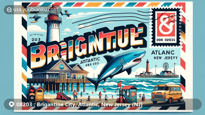 Modern illustration of Brigantine City, Atlantic County, New Jersey, showcasing postal theme with ZIP code 08203, featuring scenic Brigantine Beach and iconic Absecon Lighthouse, alongside community scene at Shark Park with a wooden shark and lighthouse play structure, integrated with vintage postal elements like a postage stamp, postal mark, and American mailbox.