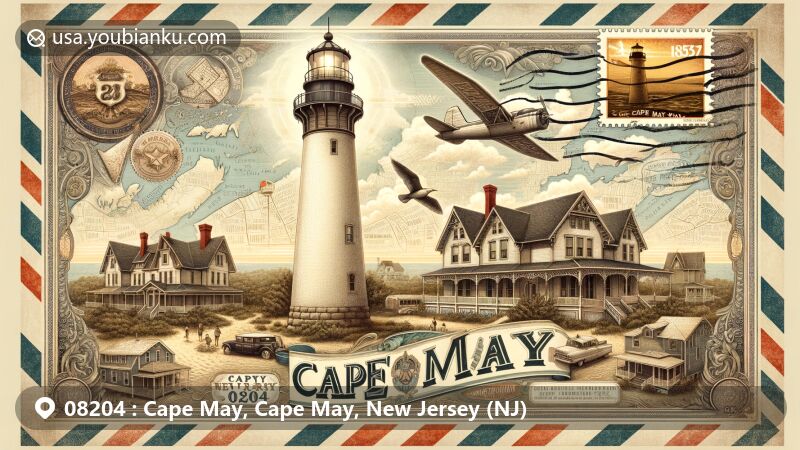 Modern illustration of Cape May, New Jersey, depicting vintage airmail envelope elements and iconic landmarks. Features 1859-built Cape May Lighthouse, Victorian architecture, custom stamp with bird symbol, and 'Cape May, NJ 08204'.