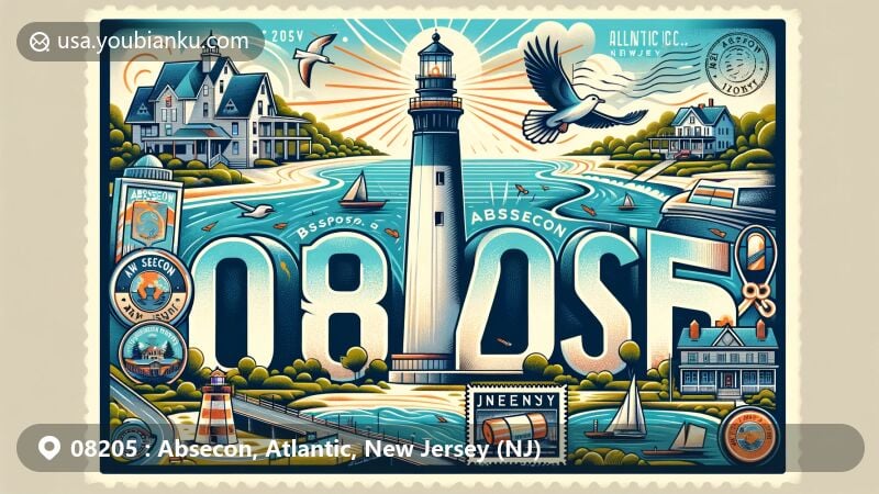 Modern illustration of Absecon area, Atlantic County, New Jersey, showcasing postcard layout with iconic Absecon Lighthouse, scenic views of Absecon Island, and postal elements including ZIP code 08205.