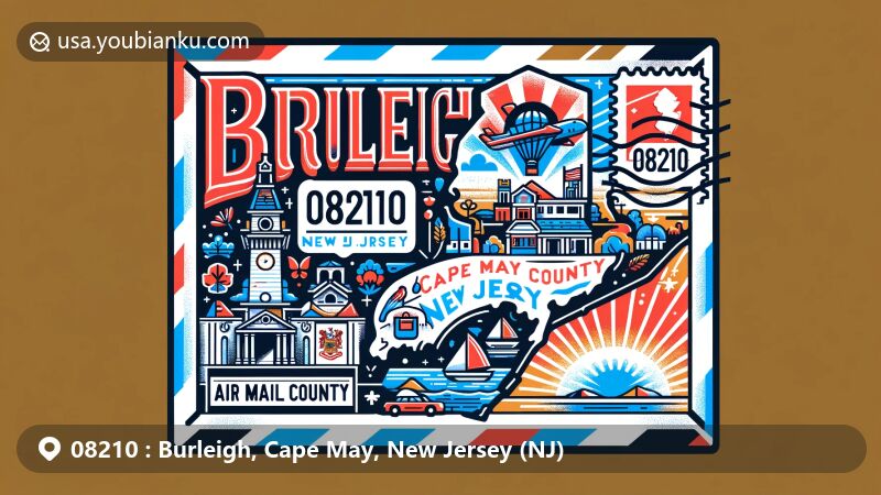 Modern illustration of Burleigh, Cape May County, New Jersey, showcasing postal theme with ZIP code 08210, featuring New Jersey state outline, Cape May County, and postal elements like postmark and state flag stamp.