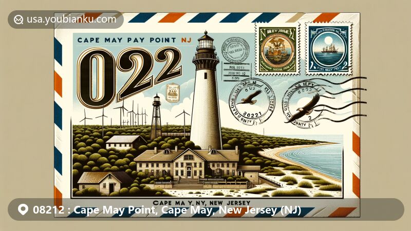 Modern illustration of Cape May Point, Cape May, New Jersey, showcasing postal theme with ZIP code 08212, featuring Cape May Point Lighthouse, WWII landmarks, New Jersey state flag, and State Park scenery.