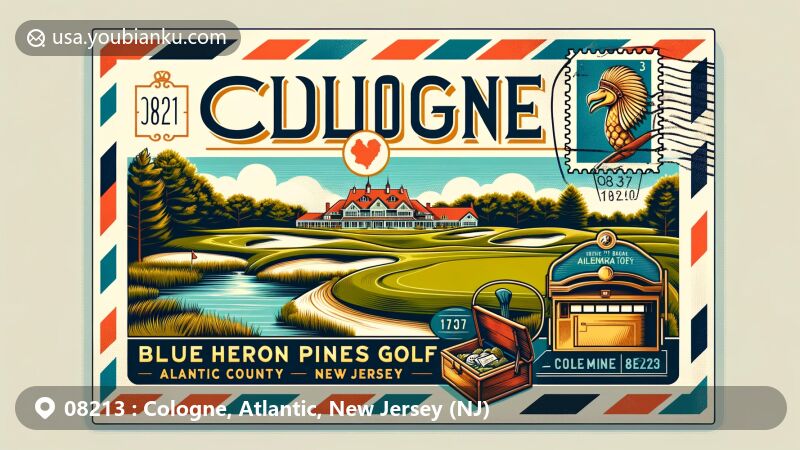 Vintage-style illustration of Cologne, Atlantic County, New Jersey, showcasing Blue Heron Pines Golf Club on a postcard with New Jersey state flag, vintage postage stamp, and postal symbols.