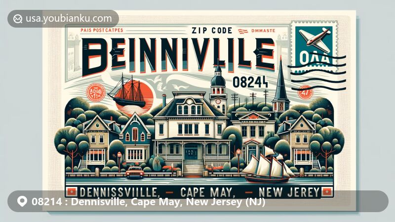 Modern illustration of Dennisville, Cape May, New Jersey, showcasing historic architecture styles, maritime heritage, and lush green scenery, featuring postal theme with ZIP code 08214.