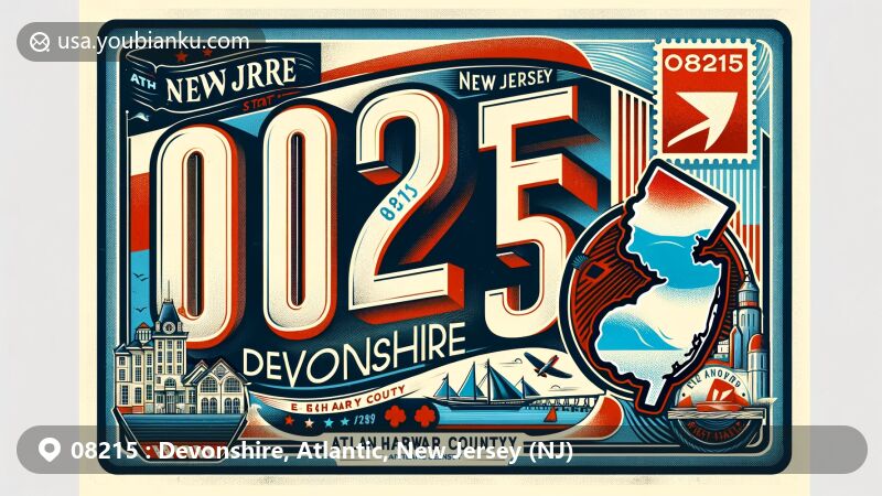 Modern illustration of Devonshire, Atlantic County, New Jersey, featuring vintage airmail envelope design with New Jersey state flag, Atlantic County silhouette, and stylized Egg Harbor City, highlighting ZIP code 08215 and postal elements.