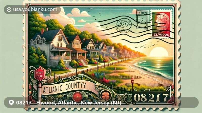 Modern illustration of Elwood, Atlantic County, New Jersey, featuring picturesque postcard design with lush green park, classic homes, and Atlantic coast, incorporating postal elements like vintage stamps and traditional mailbox.