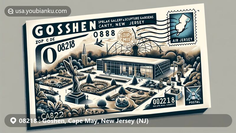 Modern illustration of Goshen, Cape May County, New Jersey, capturing Sperlak Gallery & Sculpture Gardens in a postcard design, featuring county map outline, vintage postal elements, and ZIP code 08218.