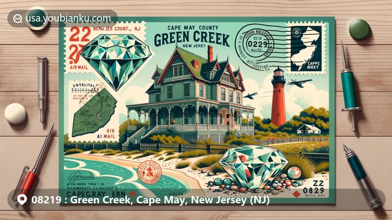 Modern illustration of Green Creek, Cape May County, New Jersey, featuring Emlen Physick Estate, WWII lookout tower, Cape May diamonds, and postal elements in vibrant colors and contemporary style.
