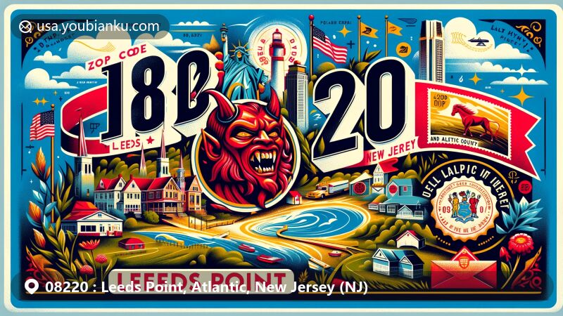 Vibrant illustration of Leeds Point, New Jersey, ZIP Code 08220, featuring key landmarks, cultural elements, and the Jersey Devil folklore, alongside natural landscapes and iconic state symbols like the New Jersey flag.
