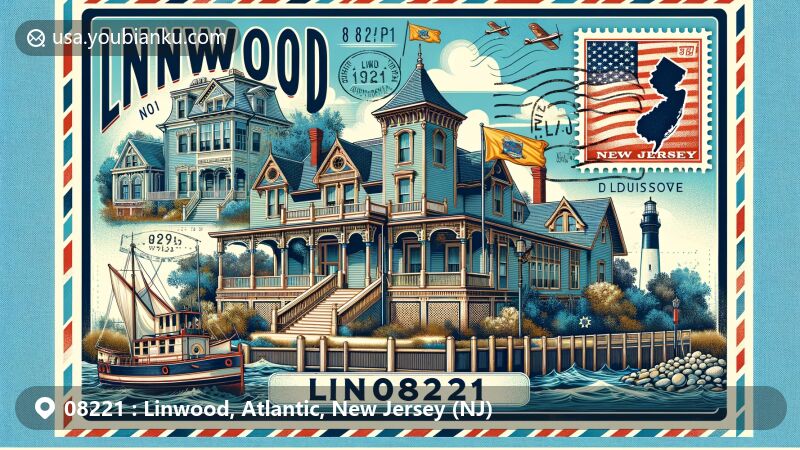 Illustration of Linwood, Atlantic County, New Jersey, showcasing postal theme with ZIP code 08221, featuring historic landmarks and New Jersey state flag in a vibrant and modern style.