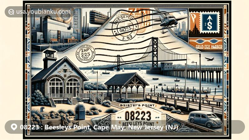 Modern illustration of Beesleys Point, Cape May, New Jersey, depicting a wide-format postcard with airmail elements, showcasing Beesley's Point Generating Station, Beesley's Point Bridge, Thomas Beesley, Jr. House, and natural beauty of Great Egg Harbor Bay.