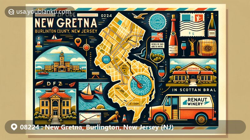 Vibrant illustration of New Gretna, Burlington County, New Jersey, depicting postal theme with ZIP code 08224, featuring Bead Wreck Site, Renault Winery Champagne Bottle, and Scottish elements, alongside postal truck and mailbox.