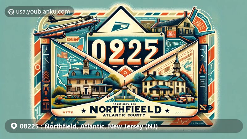Modern illustration of Northfield, Atlantic County, New Jersey, showcasing postal theme with ZIP code 08225, featuring Risley Homestead, Casto House, Northfield Museum, and local suburban elements.