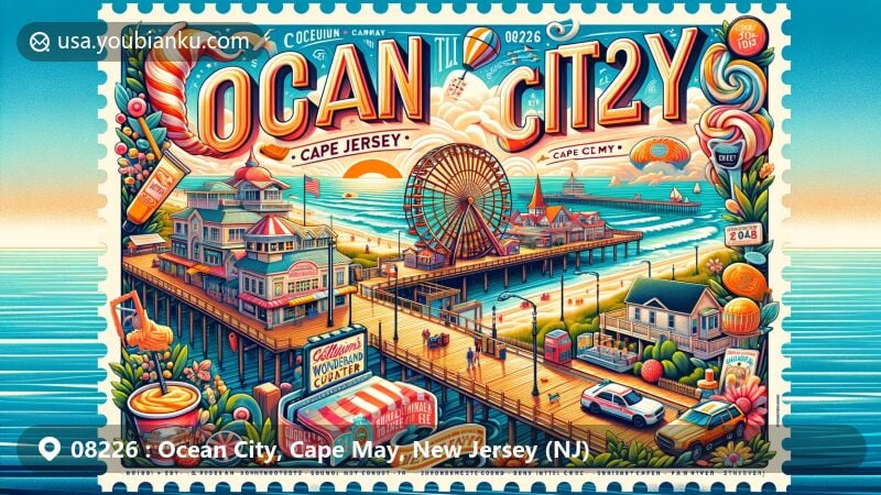 Modern illustration of Ocean City, Cape May, New Jersey, showcasing iconic boardwalk with Gillian's Wonderland Pier and Giant Wheel, featuring Ocean City Music Pier, local treats, Corson's Inlet State Park, and postal theme with ZIP code 08226.