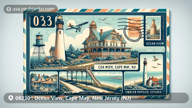 Modern illustration of Ocean View, Cape May County, New Jersey (NJ), highlighting postal theme with ZIP code 08230, showcasing Cape May's iconic landmarks like Cape May Lighthouse, Emlen Physick Estate, and WWII Lookout Tower.