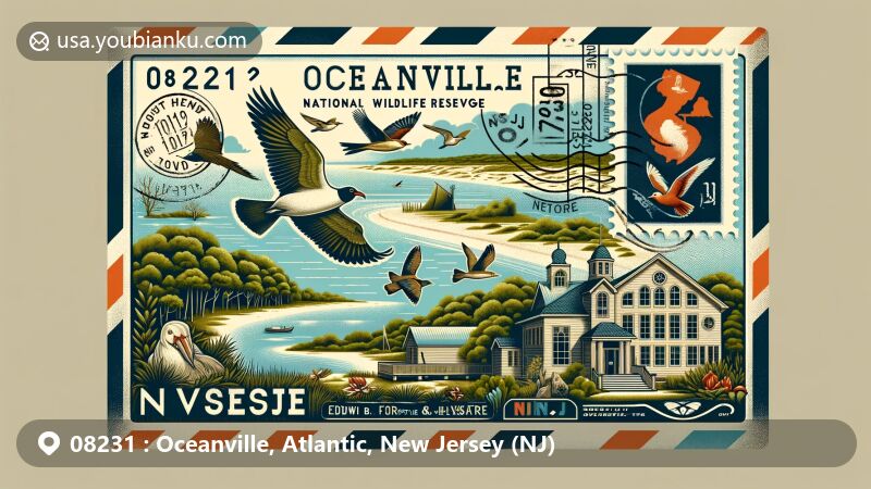 Illustration of Oceanville, Atlantic, New Jersey, featuring vintage airmail envelope with wildlife from Edwin B. Forsythe National Wildlife Refuge on the left and Noyes Museum of Art on the right, showcasing NJ state symbols.