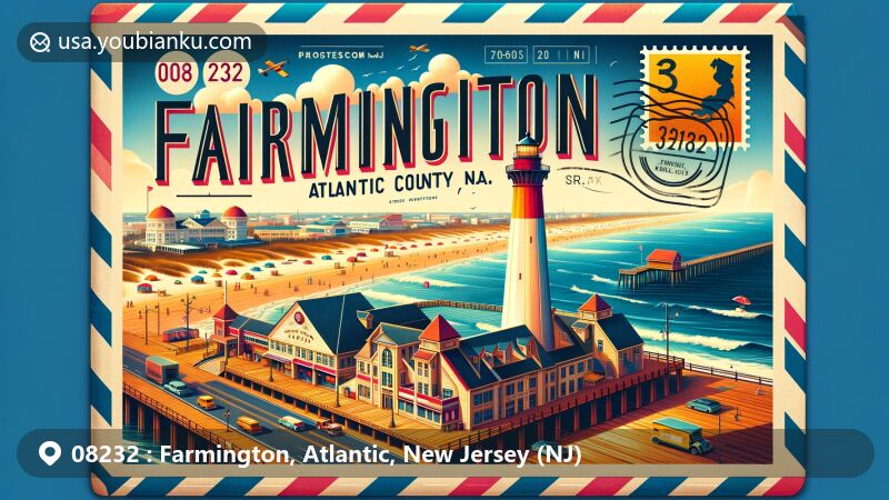 Modern illustration of Farmington, Atlantic County, New Jersey, showcasing postal theme with ZIP code 08232, featuring Atlantic City Boardwalk and Absecon Lighthouse.
