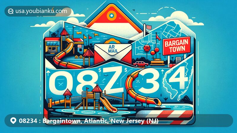 Modern illustration of Bargaintown, Atlantic County, New Jersey, in the shape of an air mail envelope, emphasizing postal theme with ZIP code 08234, featuring New Jersey state flag, local park, and recreational amenities.