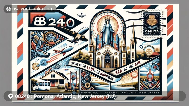 Modern illustration of Pomona, Atlantic County, New Jersey, featuring Shrine of Our Lady of the Highway, Sea and Air, and diverse cultural symbols, highlighting ZIP code 08240.