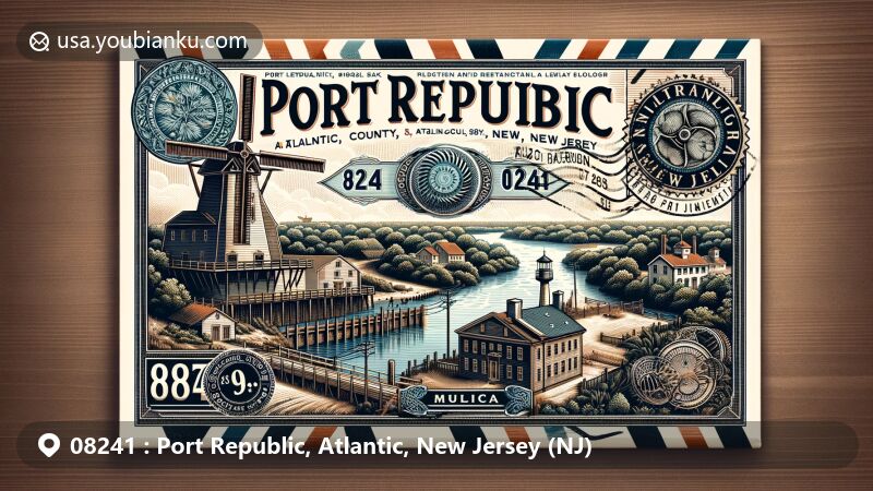 Modern illustration of Port Republic, Atlantic County, New Jersey, featuring historic Nacote Creek, 19th-century mill, and Mullica River, blending postal elements including ZIP code 08241 stamp and postmark.