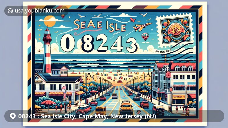 Modern illustration of Sea Isle City, Cape May County, New Jersey, showcasing postal theme with ZIP code 08243, featuring Sea Isle City Promenade and Veterans Park against a picturesque beach backdrop.