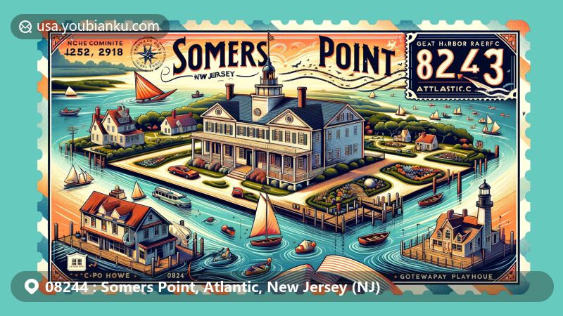 Vibrant illustration of Somers Point, Atlantic County, New Jersey, showcasing historic Somers Mansion and Great Egg Harbor Bay, with recreational activities like fishing and golf, featuring Gateway Playhouse and postal heritage elements.