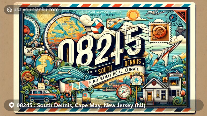 Modern illustration of South Dennis, Cape May County, New Jersey, showcasing postal theme with ZIP code 08245, featuring detailed map outline and humid subtropical climate symbols, integrating postal elements like stamps and postmarks.