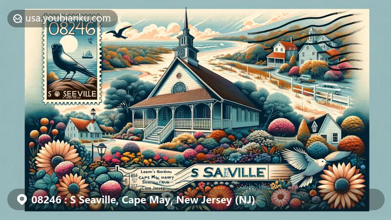 Modern illustration of S Seaville, Cape May, New Jersey, featuring historic Quaker meeting house, colorful flower gardens of Leaming's Run Gardens, and diverse natural landscapes of Cape May County.