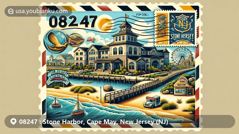 Modern illustration of Stone Harbor and Cape May, New Jersey, showcasing postal theme with ZIP code 08247, featuring Seven Mile Beach, Wetlands Institute, Ocean Galleries, Stone Harbor Museum, and New Jersey state symbols.