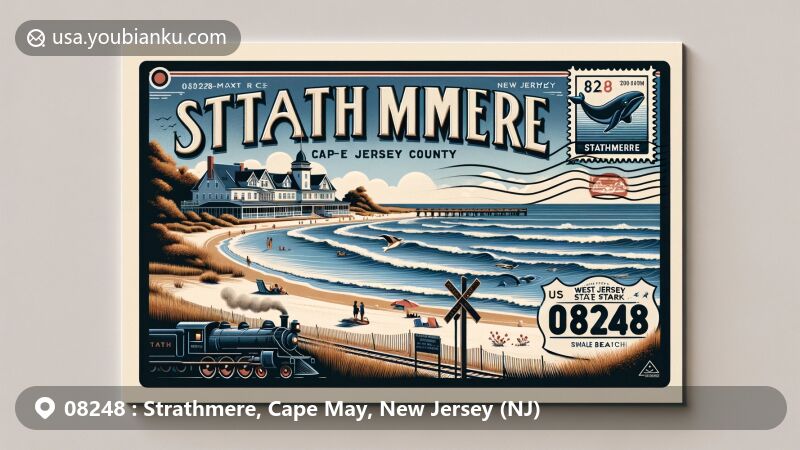 Modern illustration of Strathmere, Cape May County, New Jersey, with postal theme showcasing ZIP code 08248, featuring beach scene, Deauville Inn, Corson's Inlet State Park, vintage railroad, and Whale Beach.