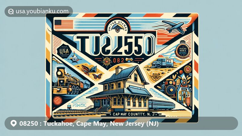 Modern illustration of Tuckahoe, Cape May County, New Jersey, showcasing postal theme with ZIP code 08250, featuring historic train station and Lenape tribe elements, integrated with New Jersey state symbols.