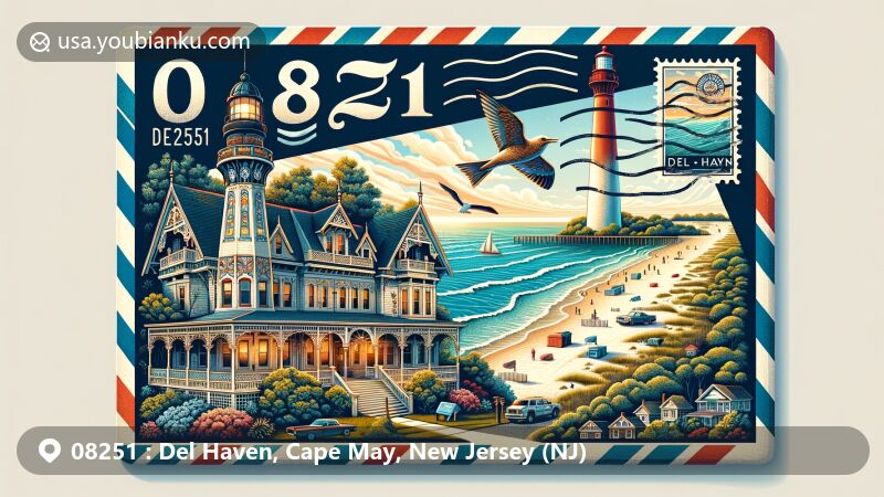 A vibrant illustration of Del Haven, Cape May, New Jersey, capturing the essence of Cape May's maritime history, Victorian architecture, pristine beaches, and lush natural beauty.
