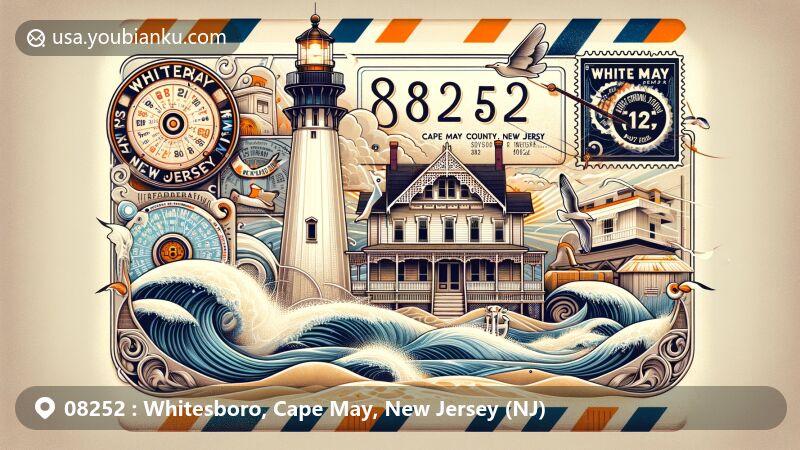 Vintage illustration of Whitesboro, Cape May County, New Jersey, showcasing postal theme with ZIP code 08252, featuring Cape May lighthouse, Victorian house, vintage radio, and New Jersey state symbols.