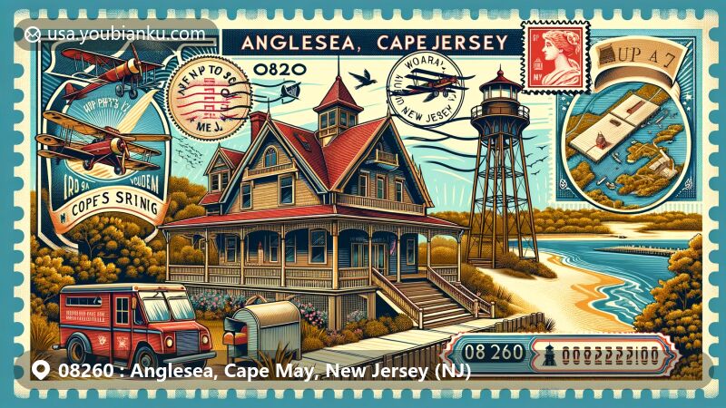 Illustration of Anglesea, Cape May, New Jersey, featuring Emlen Physick Estate, Historic Cold Spring Village, WWII Lookout Tower, vintage postal stamp, '08260' postmark, and mailbox/mail truck, creatively integrated in a postcard-like design.